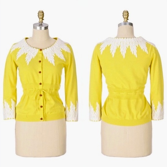 NWT!! Anthropologie MOTH Wisteria Cardigan Lace Appliqués Canary Yellow Small - Picture 15 of 15